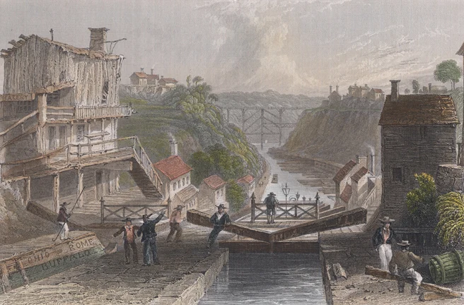 An engraved view of Lockport’s Erie Canal locks after W. H. Bartlett, 1839